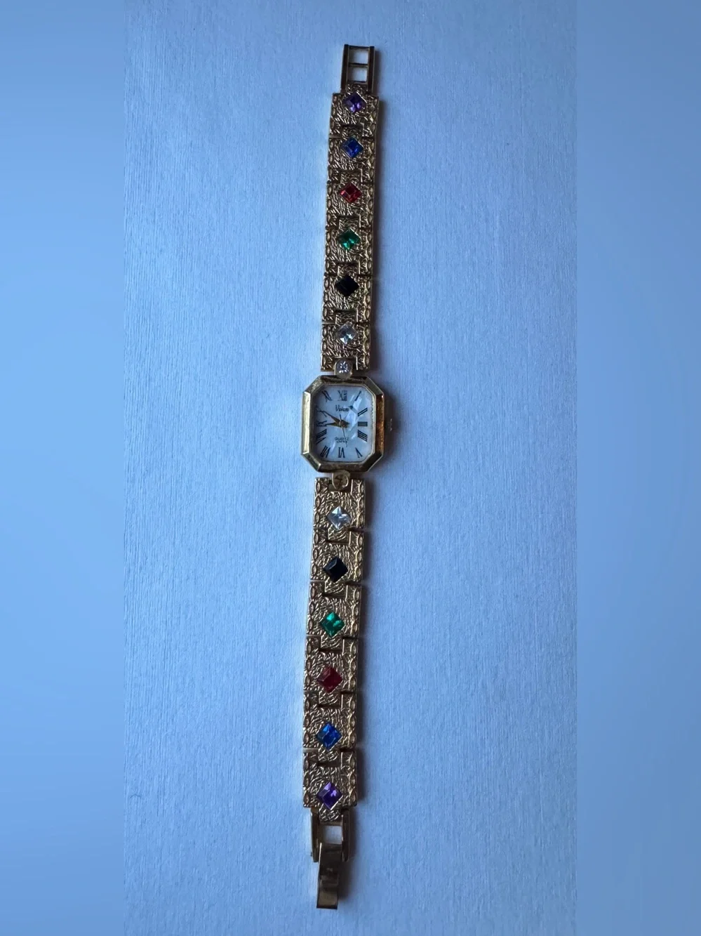 Vintage Vivani Women’s Watch Quartz Gold Tone Links With Multicolor Stone Insets